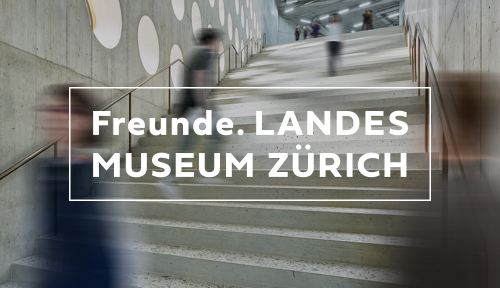 Bild von Menschen, die sich schnell auf einer Treppe bewegen, und Freunde Landesmuseum logo